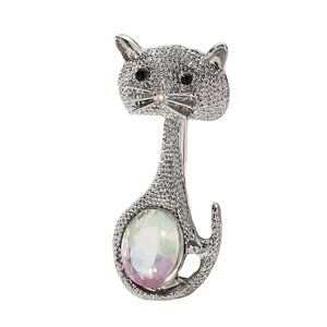 Silver Tone Cat Brooch With Crystal Gemstone